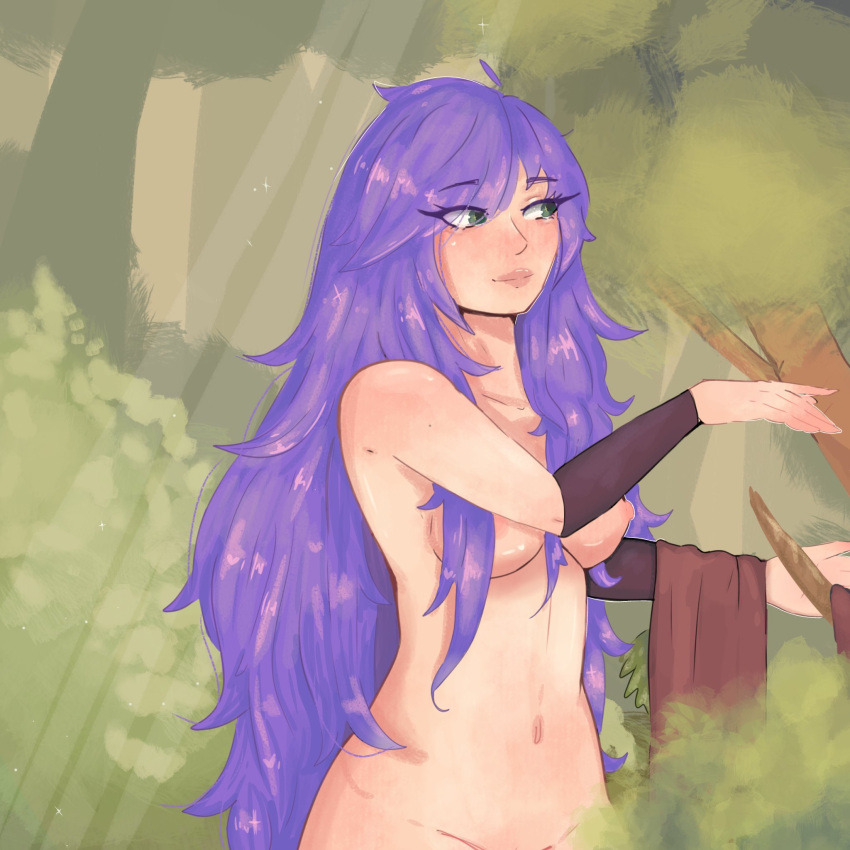 breasts bush commission commissioner_upload forest forest_background green_eyes hands loincloth long_hair naked naked_female nipples original original_character purple_hair shiimu smiling stomach stripped_naked the_huntress tree tree_branch trees wrist_guards