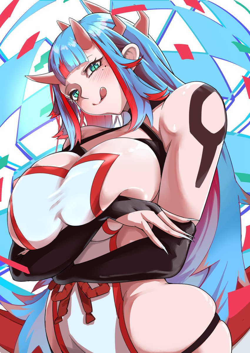 blue_eyes blue_hair demon_girl horns kuusetsu large_ass large_breasts licking_lips long_hair mato_seihei_no_slave mole mole_under_eye red_streak slit_pupils tongue tongue_out voluptuous yamada_otonari