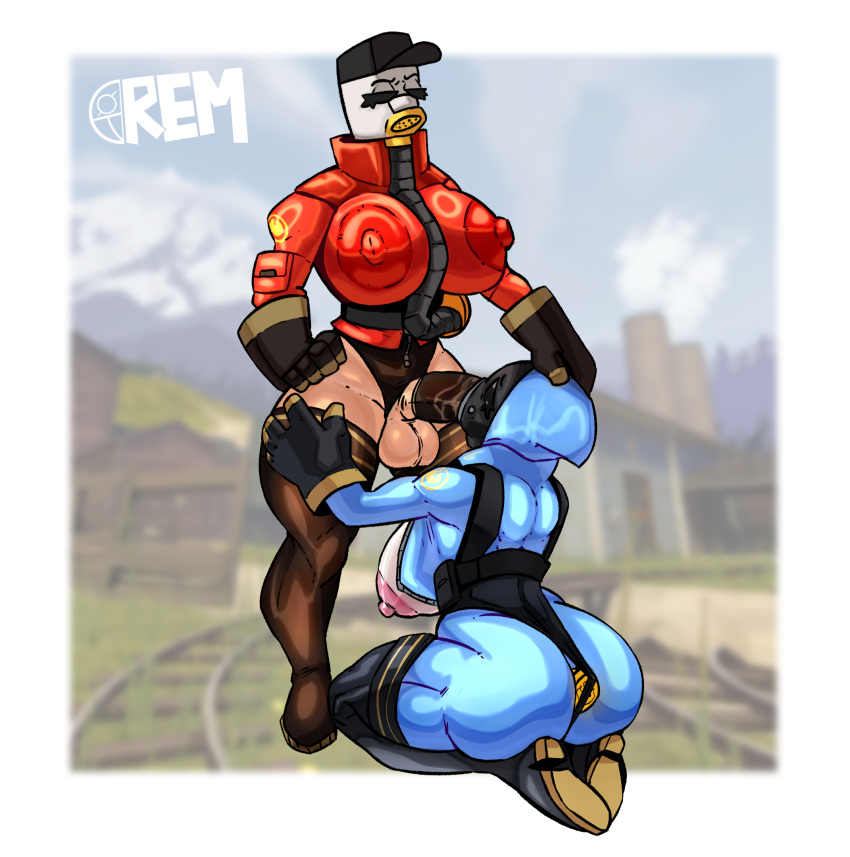 1futa 2d_(artwork) balls big_penis blowjob blowjob_face blue bodysuit breasts brown_skin buttplug clothed clothing domination duo erection fellatio female futa_on_female futanari gas_mask hood human kneeling kneeling_blowjob kneeling_on_ground kneeling_oral_position light-skinned_female light-skinned_futanari light_skin mostly_clothed nipples nipples_visible_through_clothing oral pale_skin penis red remiman ruby_(remiman) sex slonyara_(remiman) standing sucking_penis thick_thighs thighhighs wide_hips