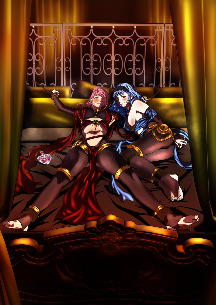 2girls alternate_costume alternate_hairstyle aphrodisiac arms_behind_back ass ass_visible_through_thighs bangs bare_midriff bed bedroom big_ass black_panties blue_hair blush bondage bottle bound breasts brown_eyes covered_nipples dancer dorothea_arnault_(cosplay) earrings female female_only femsub fire_emblem fire_emblem:_three_houses fire_emblem_heroes fire_emblem_warriors:_three_hopes gag hairband harem heavy_blush hilda_valentine_goneril indoors kou_(spad7u59) large_breasts legs light_blue_hair long_hair marianne_von_edmund medium_breasts medium_hair midriff multiple_girls multiple_subs nintendo official_alternate_hairstyle on_back on_bed panties pantyhose pelvic_curtain pillow pink_eyes pink_hair plegian ponytail restrained slave spread_eagle spread_legs stationary_restraints stirrup_legwear sweat