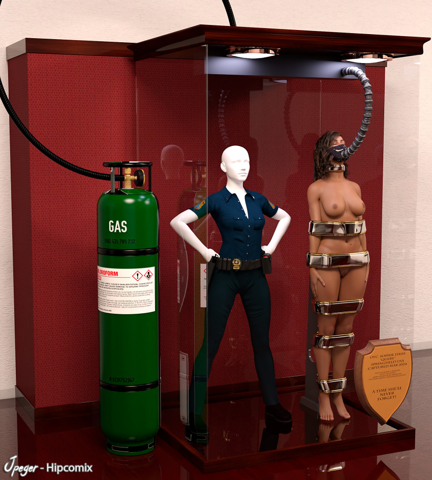 1girls 3d bound bound_arms bound_legs brown_hair completely_nude completely_nude_female mannequin nude nude_female original police_uniform thejpeger trophy_case