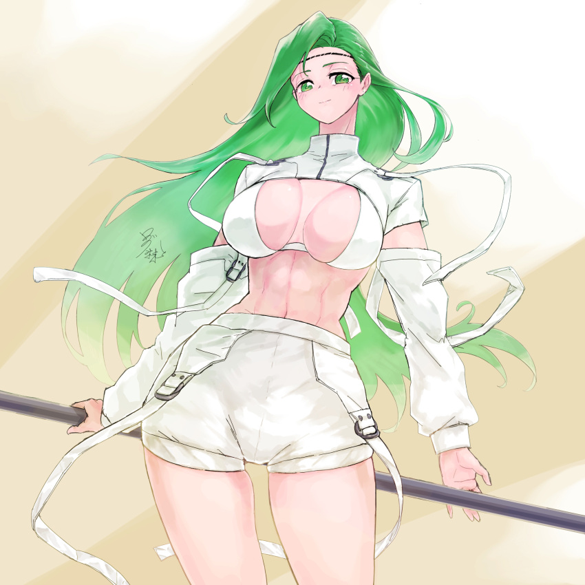 1girls alternate_costume annand_(fire_emblem) bare_midriff bare_thighs breasts female female_only fire_emblem fire_emblem:_genealogy_of_the_holy_war green_eyes green_hair inner_sideboob large_breasts long_hair looking_at_viewer midriff nintendo revealing_clothes shorts smile solo spear ta_dasu_(tadasu_hayashi) thighs very_long_hair weapon