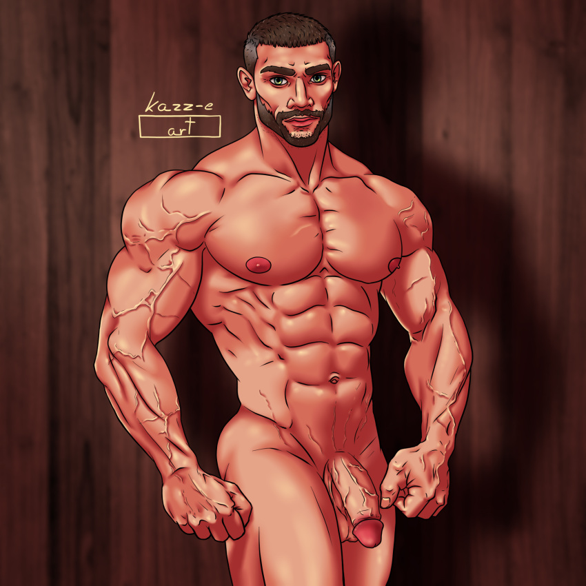 1boy abs bara beard circumcised green_eyes grey_hair kazz-e_art male male_only mature mature_male men muscles muscular muscular_male pectorals penis veiny_arms veiny_hands veiny_muscles veiny_penis