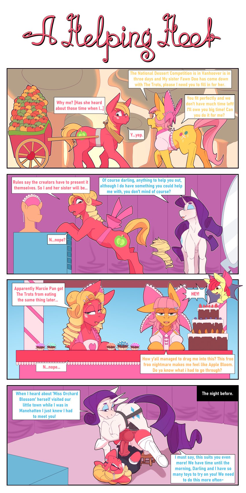 absurd_res anal anal_sex apple apple_bloom_(mlp) applejack_(mlp) ass_up balls big_macintosh_(mlp) cake chapaevv clothed clothing comic crossdressing cupcake dessert dialogue dildo dildo_insertion dominant dominant_female duo english_text equid equine female feral food friendship_is_magic fruit genitals hair_extensions hasbro hi_res horse maid_uniform male male/female male_penetrated mammal marcie_pan_(mlp) my_little_pony object_in_ass pegging penetration penis plant pony rarity_(mlp) sex sex_toy sex_toy_in_ass sex_toy_insertion sex_toy_penetration speech_bubble submissive submissive_male text toying_partner uniform