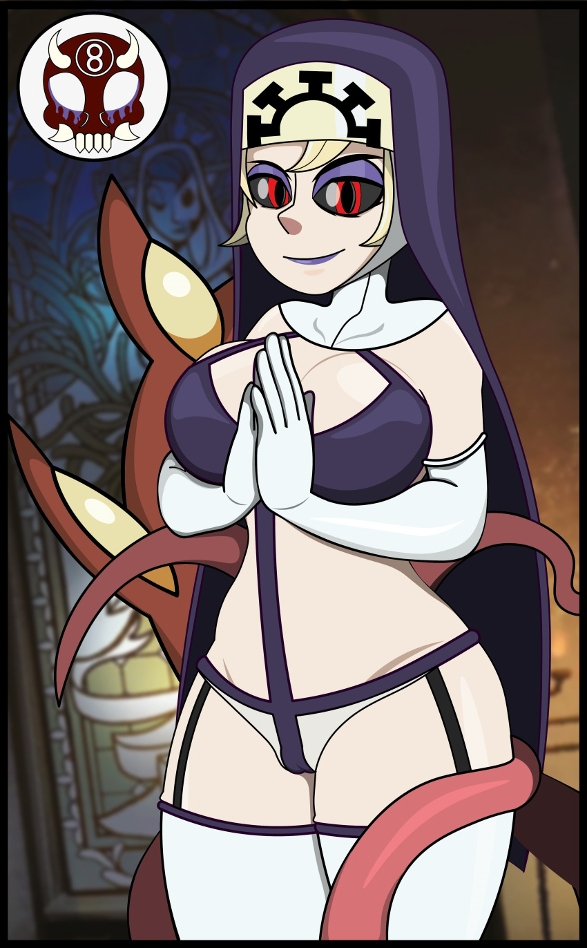 8ball9615 armwear big_breasts big_hips black_sclera blonde_hair double_(skullgirls) long_socks monster_girl nun_outfit prayer_hands purple_makeup red_eyes skullgirls tentacle