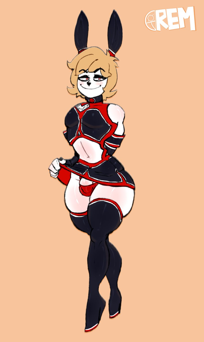 1boy 1femboy bulge bunny bunny_boy bunny_ears bunnysuit collar femboy latex male male_only orange_hair remiman skirt smug solo stockings the_bunny_brothel_(remiman) thick_thighs thong white_body wide_hips