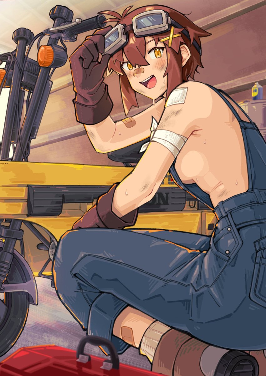 1female 1girl 1girls 1woman bandage bike breasts brown_fur brown_hair clothed clothed_female crouched dirt_on_face dirty female female_focus female_only gloves goggles goggles_on_forehead goggles_on_head happy happy_female kneeling kokuya28 looking_at_viewer looking_back_at_viewer mechanic no_bra oblivious overalls short_hair sideboob smile smiling smiling_at_viewer solo solo_focus sweat sweaty sweaty_body tagme tomboy toolbox unaware yellow_eyes