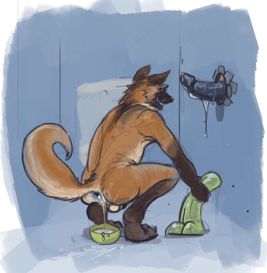 anthro anus bejat bodily_fluids canid canine crouching cum cum_on_penis dildo fox genital_fluids genitals glory_hole hi_res leaking_cum male mammal penis sex_toy solo vulan_(flyinfox)