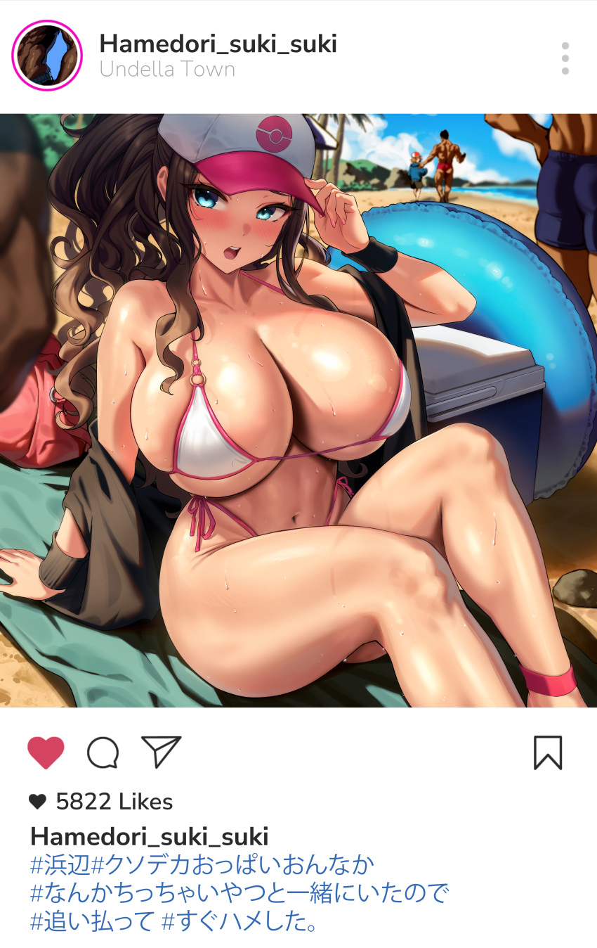 1girls alternate_breast_size beach before_sex bikini blue_eyes breasts brown_hair female hat hi_res hilda_(pokemon) huge_breasts japanese_text kook large_breasts light-skinned_female light_skin long_hair long_ponytail netorare nintendo outdoors pokemon pokemon_bw ponytail social_media