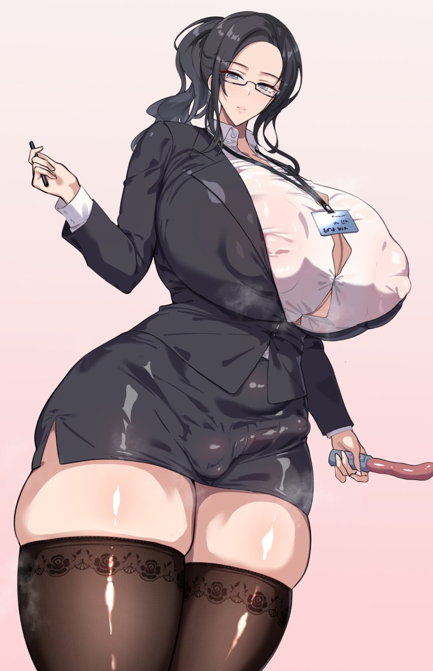 1futa balls black_hair black_jacket breasts bulge clothed clothing covered_nipples cowboy_shot dildo erection erection_under_clothes fully_clothed futa_only futanari glasses highres huge_breasts human jacket light-skinned_futanari light_skin long_hair no_bra office_lady original pencil_skirt penis ponytail seito_edaha sex_toy shirt skirt solo standing thick_thighs thighhighs thighs white_background white_shirt