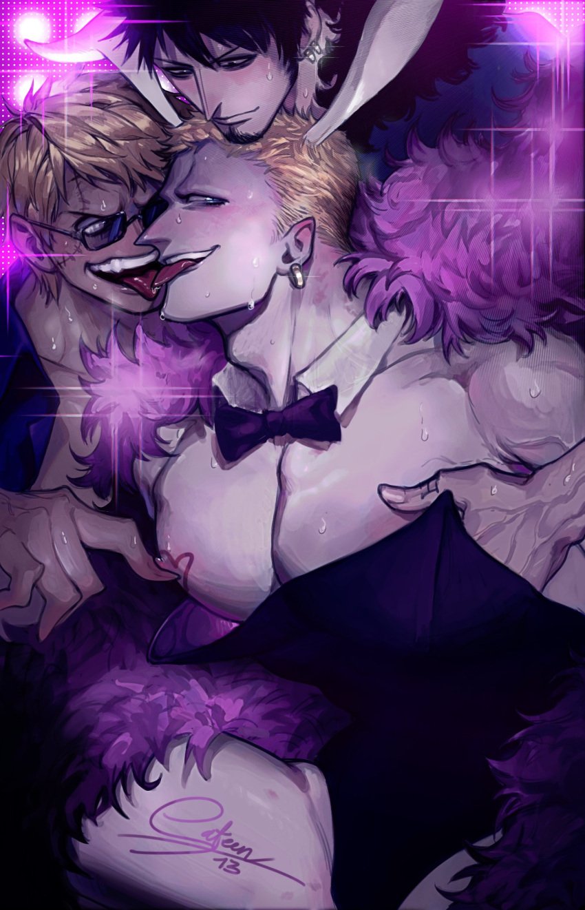 3boys bellamy blonde_hair blush bowtie bunny_boy bunny_ears bunnysuit detached_collar donquixote_doflamingo earrings feather-trimmed_jacket french_kiss gay goatee groping hand_under_clothes kissing male male_only male_playboy_bunny muscular muscular_male nipple_teasing no_eyebrows one_piece pec_grasp pecs sateen_13 smile sunglasses sweat tongue_out trafalgar_law yaoi