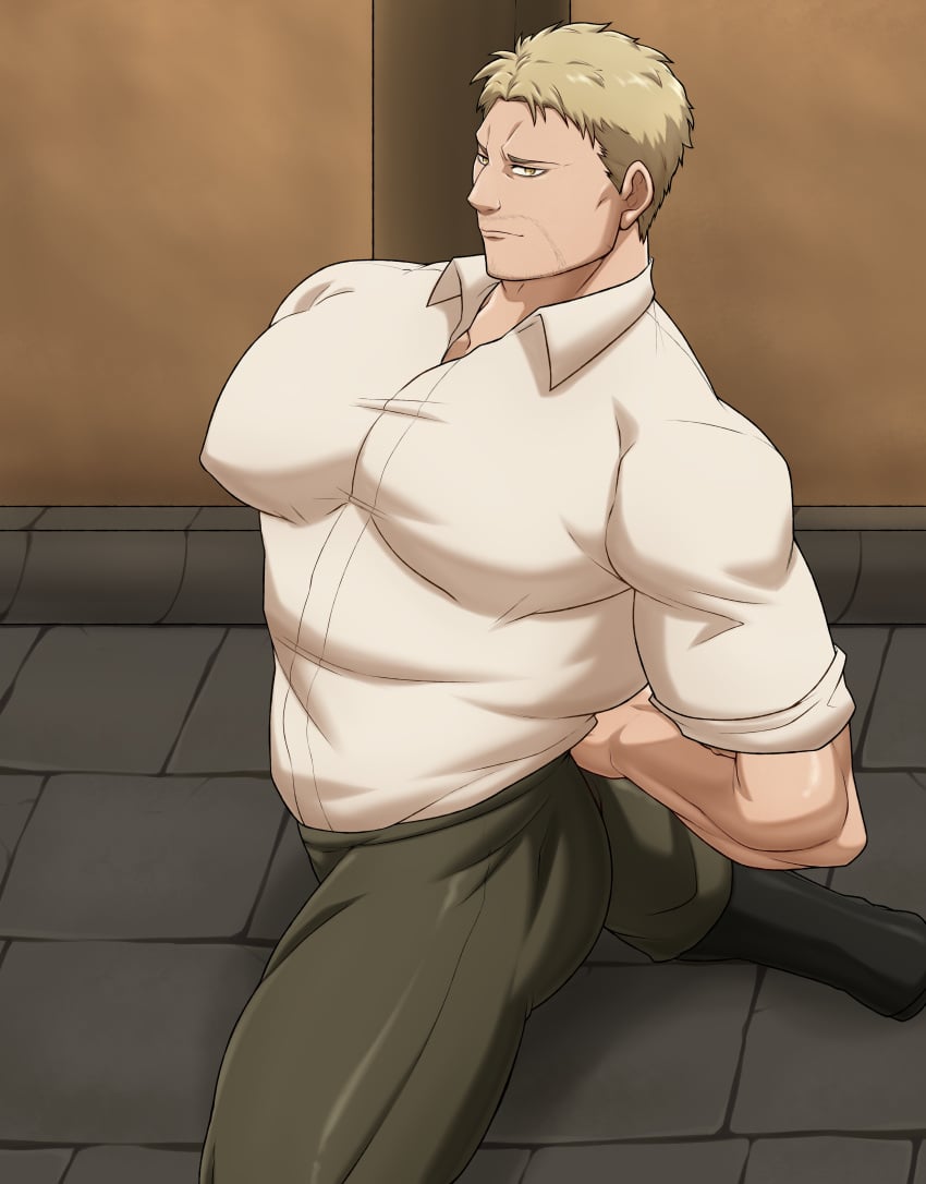 attack_on_titan baobaoart bara button_down_shirt gay huge_pecs reiner_braun