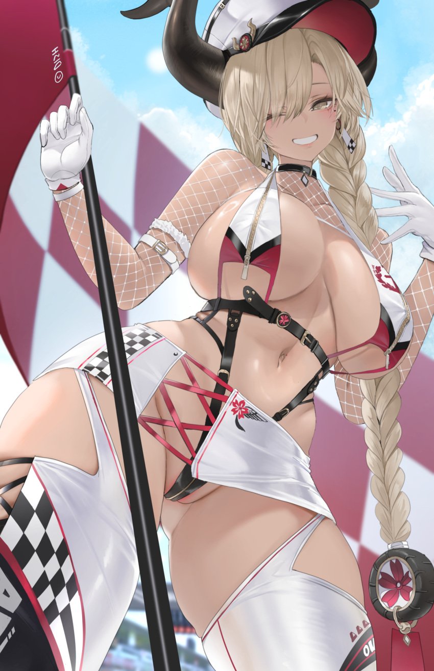 1girls 2020s 2024 2d 2d_(artwork) 5_fingers azur_lane big_thighs blonde_hair blush braided_hair braided_twintails breasts brown_skin busty child_bearing_hips dishwasher1910 female female_focus female_only fishnet fishnet_armwear fishnets flat gloves gyaru hair_over_one_eye hat hi_res highres hips horns hourglass_figure huge_breasts large_thighs light-skinned_female light_skin long_hair nipple_zipper owari_(azur_lane) race_queen revealing_clothes short_skirt skimpy skimpy_clothes skindentation skirt smile solo solo_female solo_focus tan tan-skinned_female tanned_skin thick_thighs thighhighs thighs twintails voluptuous wide_hips wink winking winking_at_viewer yellow_eyes