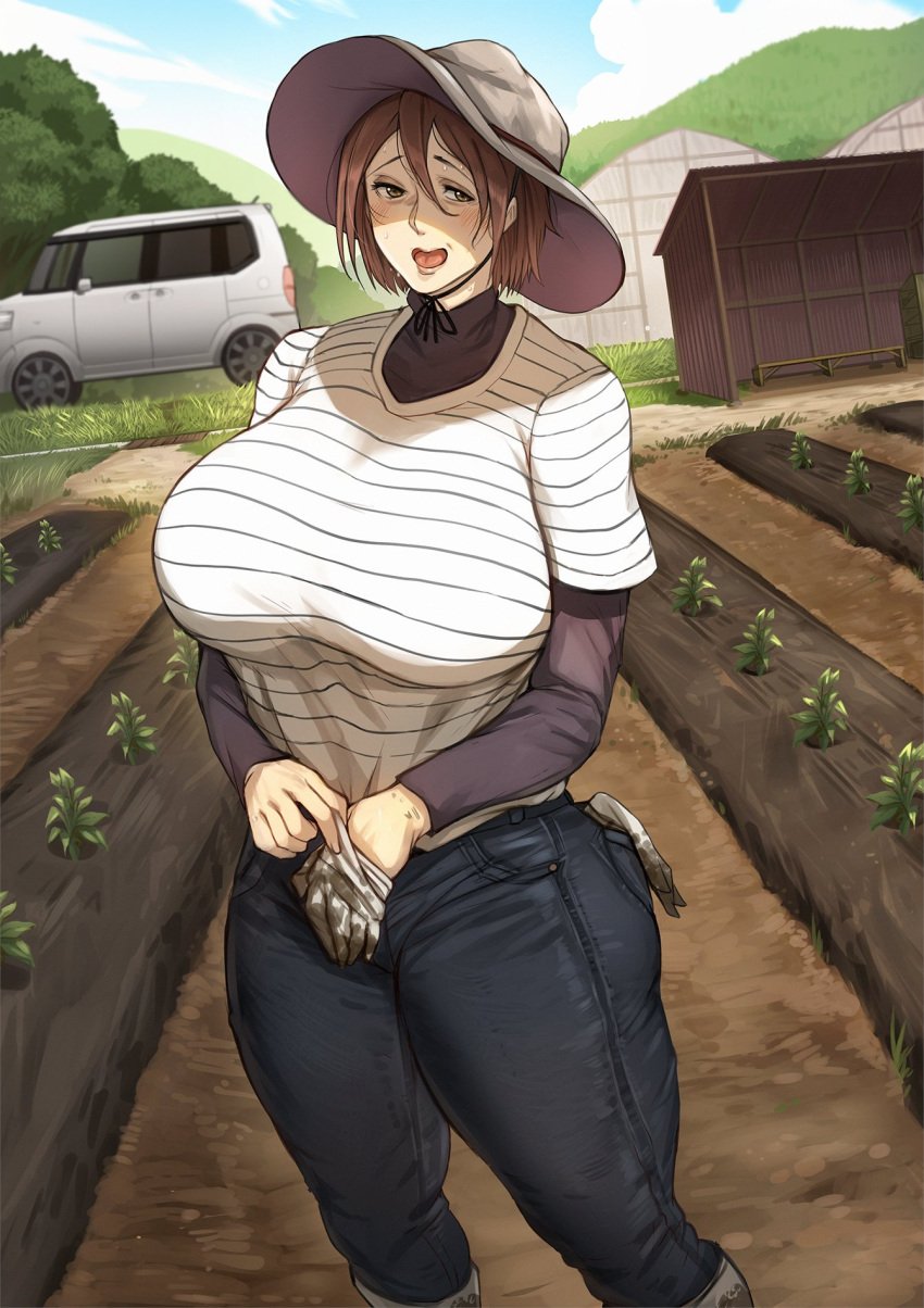 1girls blush garden looking_at_viewer mature_female sunhat thick_thighs toshi21888046 voluptuous voluptuous_female wide_hips