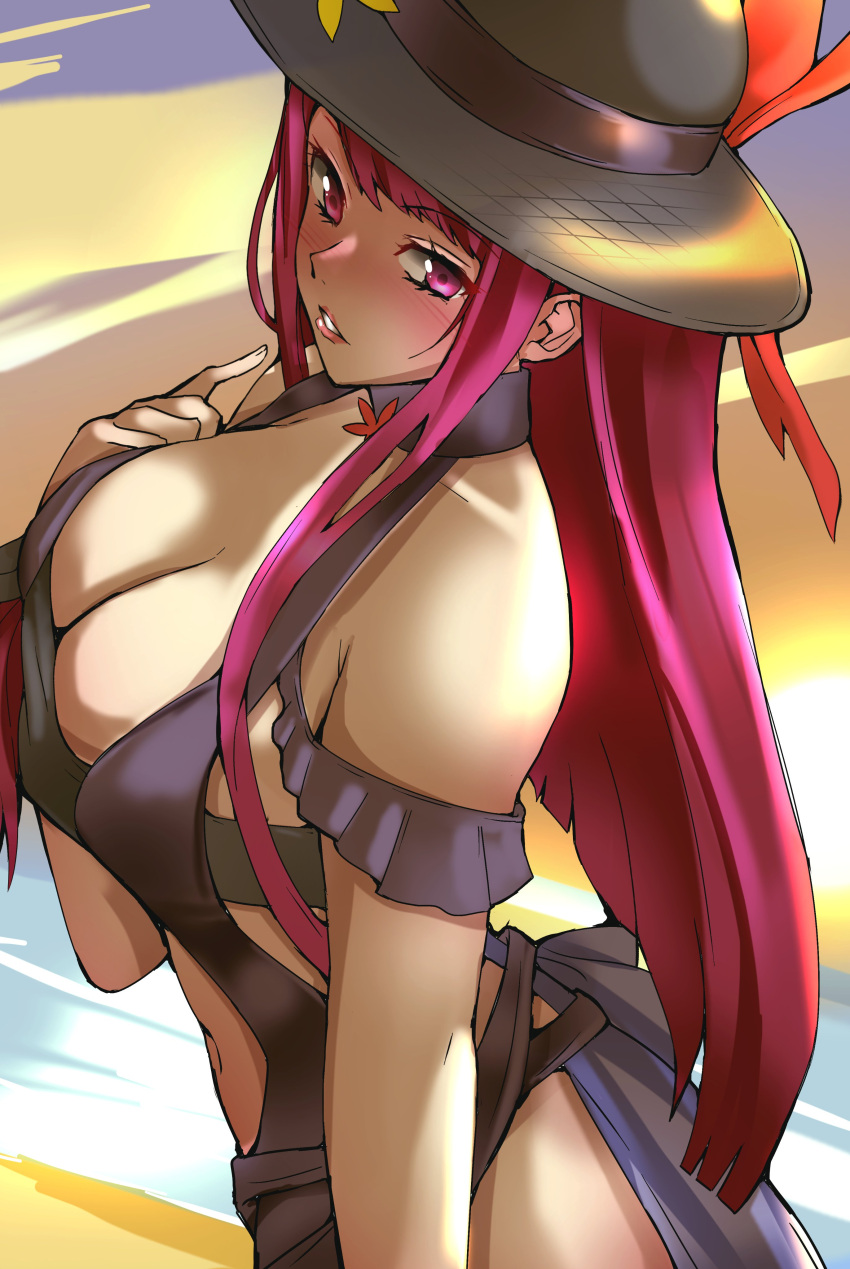 1340smile 1girls absurdres alternate_costume bare_shoulders black_hat blue_one-piece_swimsuit blue_swimsuit breasts cleavage female female_only fire_emblem fire_emblem_engage fire_emblem_heroes hat highres ivy_(fire_emblem) ivy_(summer)_(fire_emblem) large_breasts long_hair navel nintendo official_alternate_costume one-piece_swimsuit purple_eyes purple_hair solo swimsuit upper_body very_long_hair