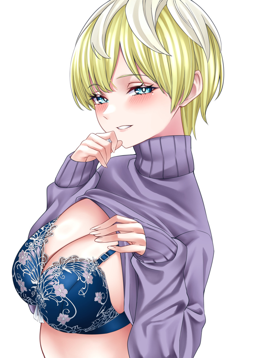 blonde_hair blonde_hair blue_eyes bra cleavage izumo_tenka large_breasts looking_at_viewer mato_seihei_no_slave presenting_breasts seductive_eyes short_hair wanzi_(99wanzi99)