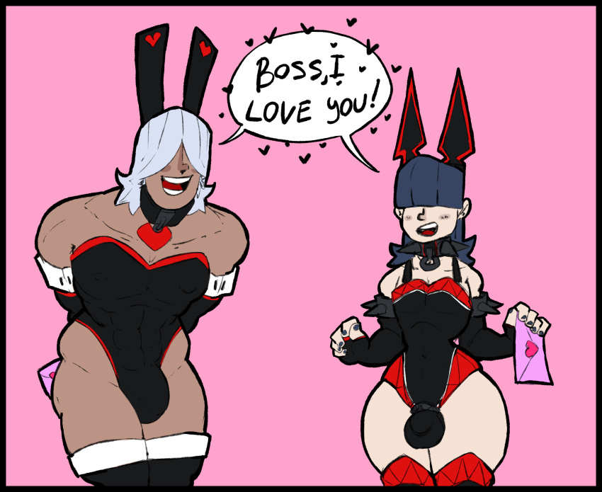 1femboy 2boys blue_hair brick_(remiman) brown_skin buff bulge bunny_ears bunnysuit cock_ring collar hair_covering_eyes love_confession love_letter muscular muscular_male pale_skin remiman skinny spike_(remiman) spiked_armlet spiked_collar strong the_bunny_brothel_(remiman) white_hair