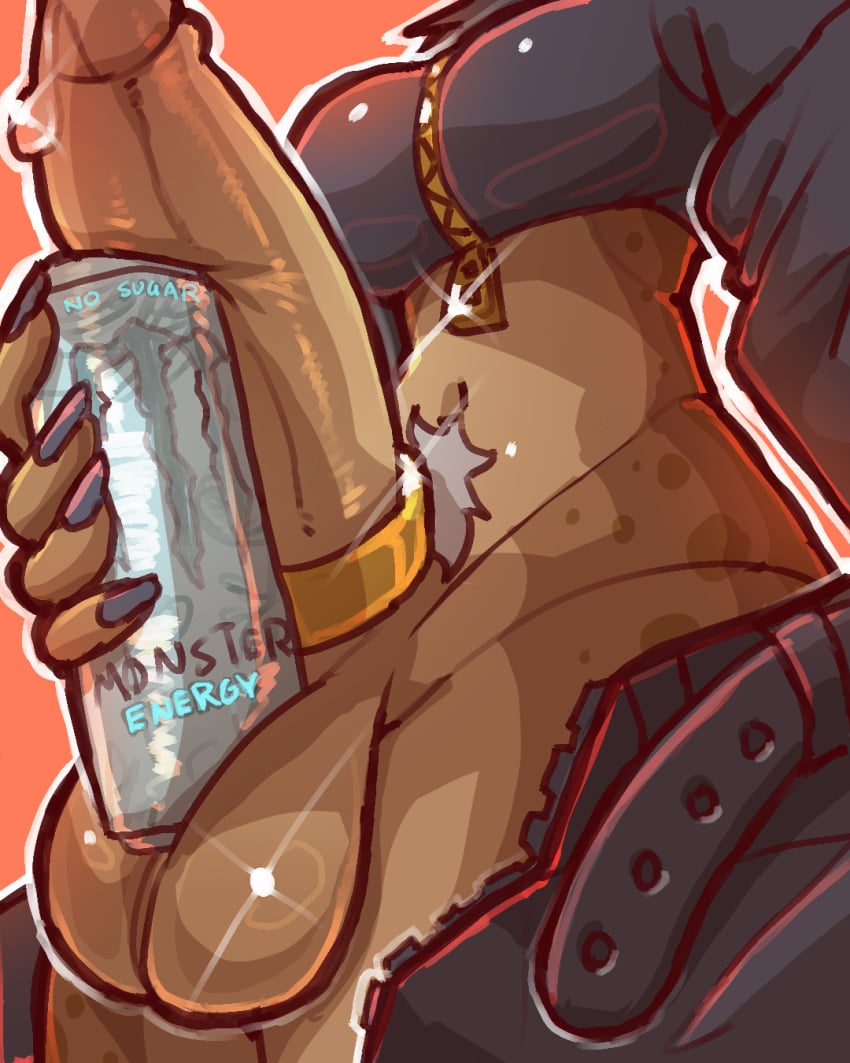 accessory akiradrawslewds anthro balls belt beverage beverage_can big_balls big_penis bodily_fluids bottomwear breasts brown_body brown_fur clothed clothing cock_ring colored_nails crop_top cropped_jacket dripping energy_drink fingers fur genital_fluids genitals glistening glistening_balls glistening_body glistening_genitalia glistening_penis gold_(metal) gold_cock_ring gold_jewelry gynomorph herm hi_res hyena intersex jewelry leaking_precum mammal markings midriff monster_energy monster_energy_can nails open_belt pants partially_clothed penis penis_accessory penis_jewelry precum precum_drip red_background shirt simple_background size_comparison solo solo_focus spots spotted_body spotted_fur thighs_together topwear uncensored wide_hips zipper