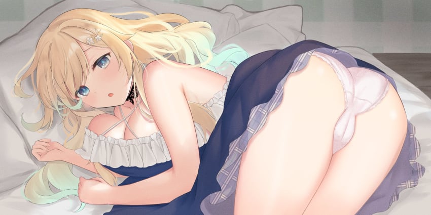 aizawa_ema aoibajiru ass bedroom blush cameltoe collar embarrassed frilled_dress huge_breasts lace_collar looking_at_viewer lying_on_bed lying_on_side on_bed paid_reward_available panties pillow squished_breasts thighs upskirt virtual_youtuber vspo!