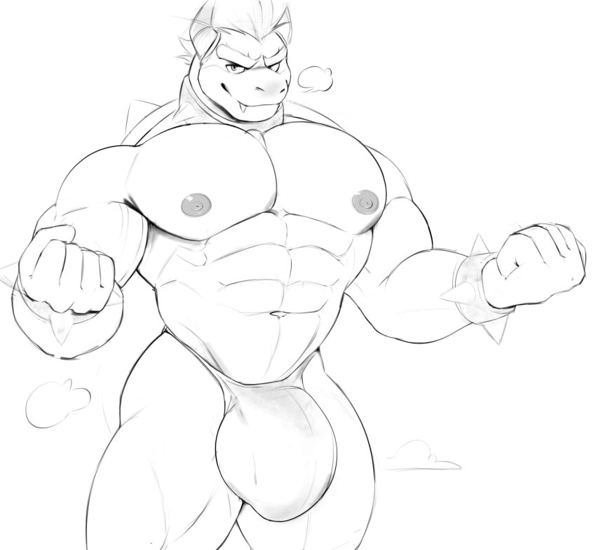 anthro big_bulge bowser bulge clothed clothing collar doggonut hi_res horn humanoid jewelry koopa looking_at_viewer male male_only mammal mario_(series) muscular muscular_anthro muscular_male nintendo nipples pecs scalie smile solo spikes teeth thisishomo underwear