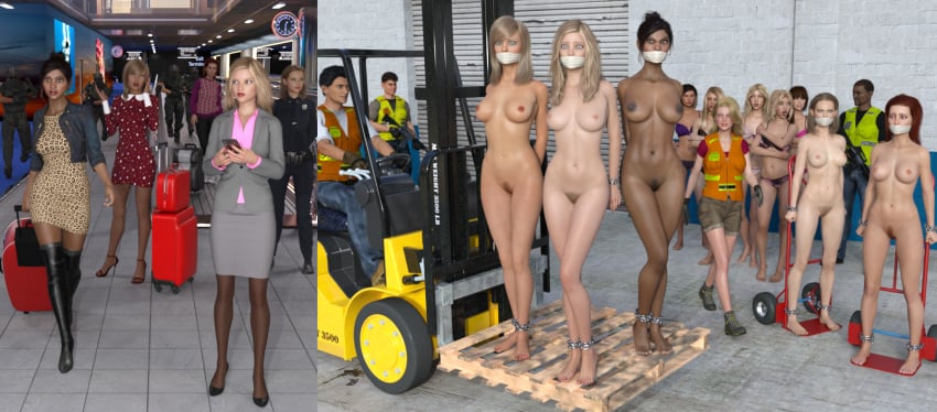 3boys 3d 6+girls before_and_after black_hair blonde_hair bondage bound bound_ankles bound_wrists bra cloth_gag clothed_female_nude_female clothed_male_nude_female completely_nude completely_nude_female dark_skin dark_skinned_female forklift gag gagged getyourclothesoff high_heels multiple_girls nude nude_female original panties underwear