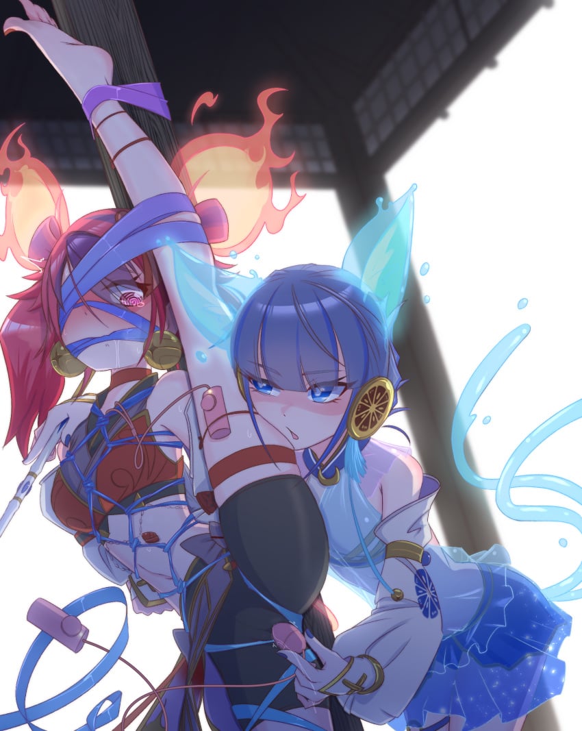 2girls animal_ears arms_behind_back bike_shorts blue_eyes blue_hair blue_shirt blush bondage bound bound_arms bound_legs breasts cloth_gag detached_sleeves duel_monster egg_vibrator fake_animal_ears fake_tail female female_only fire gag gagged ha-re_the_sword_mikanko highres improvised_gag looking_at_another menou_74 multiple_girls nail_polish ni-ni_the_mirror_mikanko pussy_juice red_eyes red_hair remote_control_vibrator ribbon ribbon_bondage see-through sex_toy shibari_over_clothes shirt small_breasts split standing standing_on_one_leg standing_split tail vibrator water yu-gi-oh!