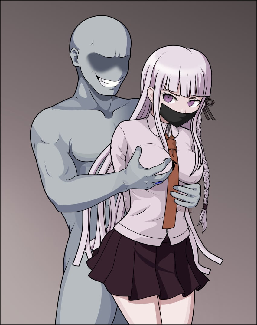 1boy 1girls absurdres arms_behind_back black_ribbon black_skirt bondage bound braid breasts brown_necktie collared_shirt cowboy_shot danganronpa danganronpa:_trigger_happy_havoc english_commentary faceless faceless_male female gag grabbing grabbing_another's_breast grabbing_from_behind gradient_background grey_background grey_hair grin hair_ribbon highres human just_some_guy kirigiri_kyouko large_breasts male miniskirt necktie no_jacket pleated_skirt purple_eyes rape restrained ribbon shirt side_braid skirt smile standing teeth white_shirt