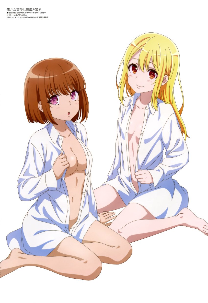 2girls absurdres amane_lily blonde_hair breasts brown_hair highres long_hair looking_at_viewer magazine_scan medium_breasts megami_magazine multiple_girls naked_shirt navel no_bra official_art open_clothes open_shirt oroka_na_tenshi_wa_akuma_to_odoru scan shirt simple_background small_breasts thighs white_background white_shirt