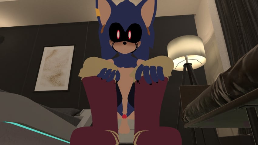 1boy balls ballsack boots crouching curse_(sonic.exe) earrings fingerless_gloves gloves hands_on_knees hard_on looking_at_viewer penis penis_out self_upload thighs vrchat vrchat_avatar