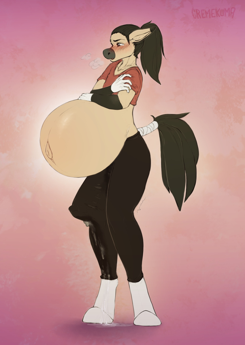 absurd_res anthro aroused belly blush bodily_fluids clothing cremekuma cum_on_hoove edging equid equine genital_fluids genitals hi_res jesse_day male mammal navel penis pregnant pregnant_intersex pregnant_male solo tail tenting torn_clothing yukiashi