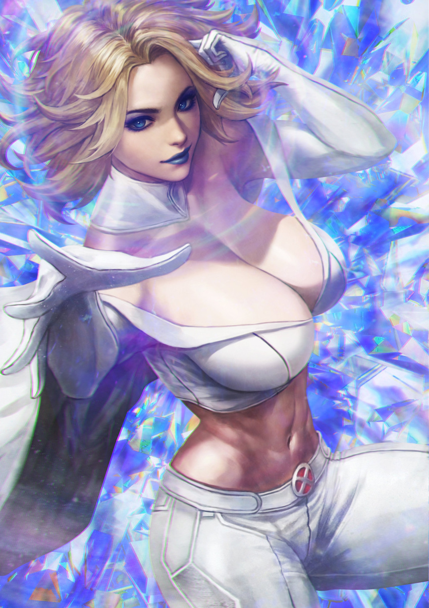 1girls abs blonde_hair blue_eyes blue_lipstick breasts busty cleavage cleavage_cutout diamond emma_frost gloves light-skinned_female light_skin marvel marvel_comics monorirogue muscular_abs mutant superheroine telepath white_outfit white_queen x-men