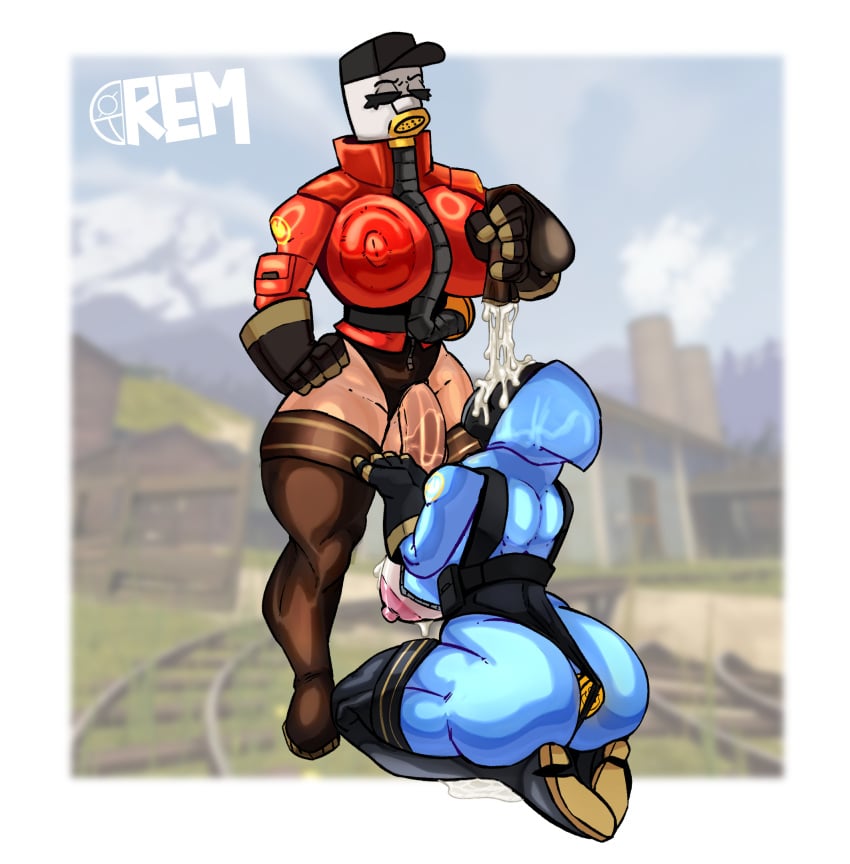 1futa 2d_(artwork) ass balls big_butt big_penis blowjob blowjob_face blue bodysuit breasts brown_skin buttplug buttplug_under_panties clothed clothing cum cum_on_breasts cum_on_face cum_worship cumslut domination duo erection fellatio female fempyro futa_on_female futanari gas_mask hood human humiliation kneeling kneeling_on_ground kneeling_oral_position light-skinned_female light-skinned_futanari light_skin mostly_clothed nipples nipples_visible_through_clothing oral pale_skin penis pussy_juice pyro red remiman ruby_(remiman) sex slonyara_(remiman) standing team_fortress_2 thick_thighs thighhighs wide_hips