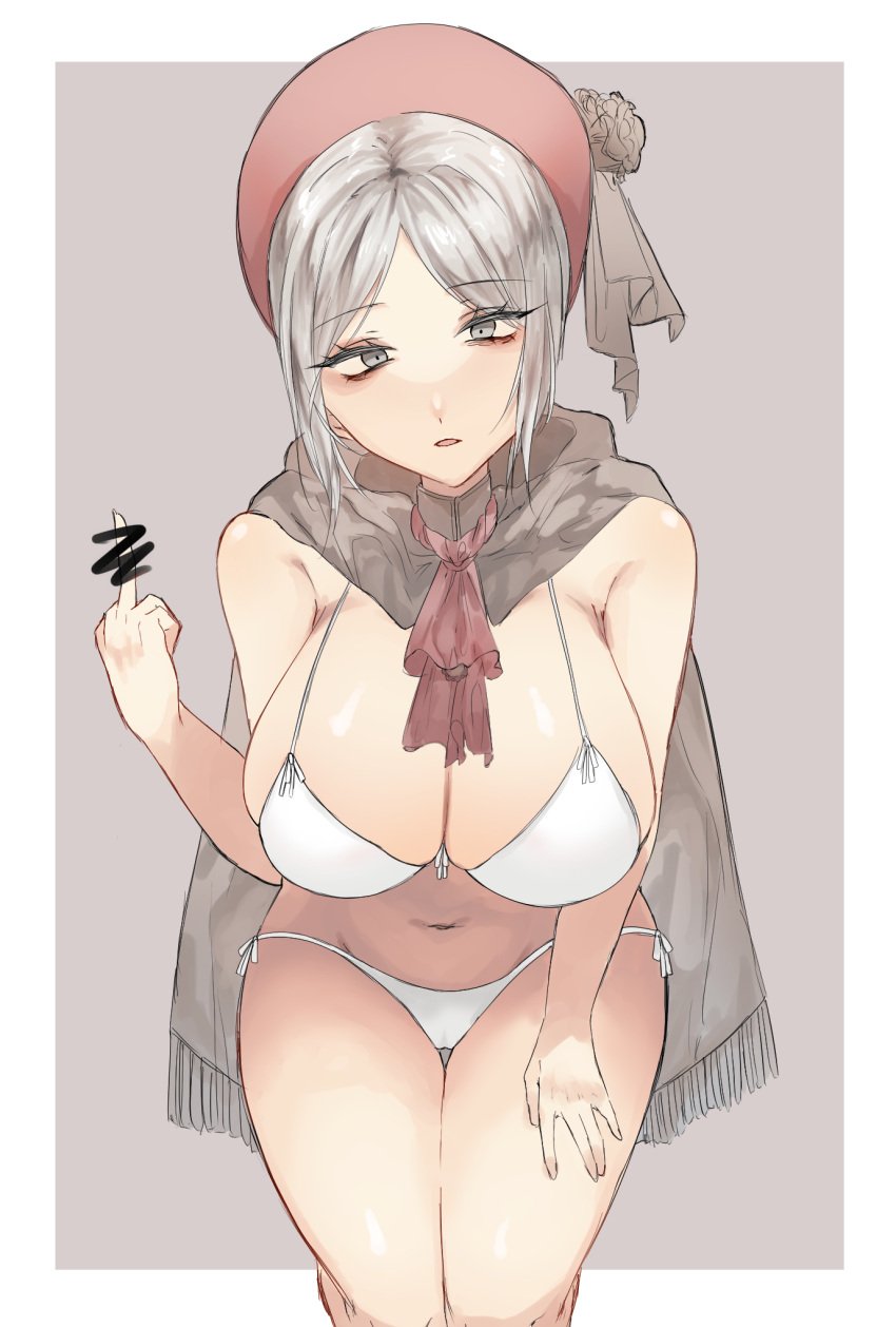 bags_under_eyes big_breasts bikini bloodborne bonnet cape censored female female_only flipping_off fringe_trim fromsoftware grey_eyes hanging_breasts leaning_forward lolita_fashion looking_at_viewer middle_finger mokomokokutsushita plain_doll solo white_bikini white_hair