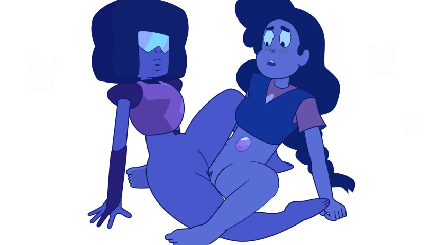 2019 2girls black_hair blush cartoon_network casual dark_skin digital_media_(artwork) female garnet_(steven_universe) gem_(species) gem_fusion glasses hi_res multiple_girls pussy red_skin scissoring steven_universe stevonnie tribadism uncensored unhombre