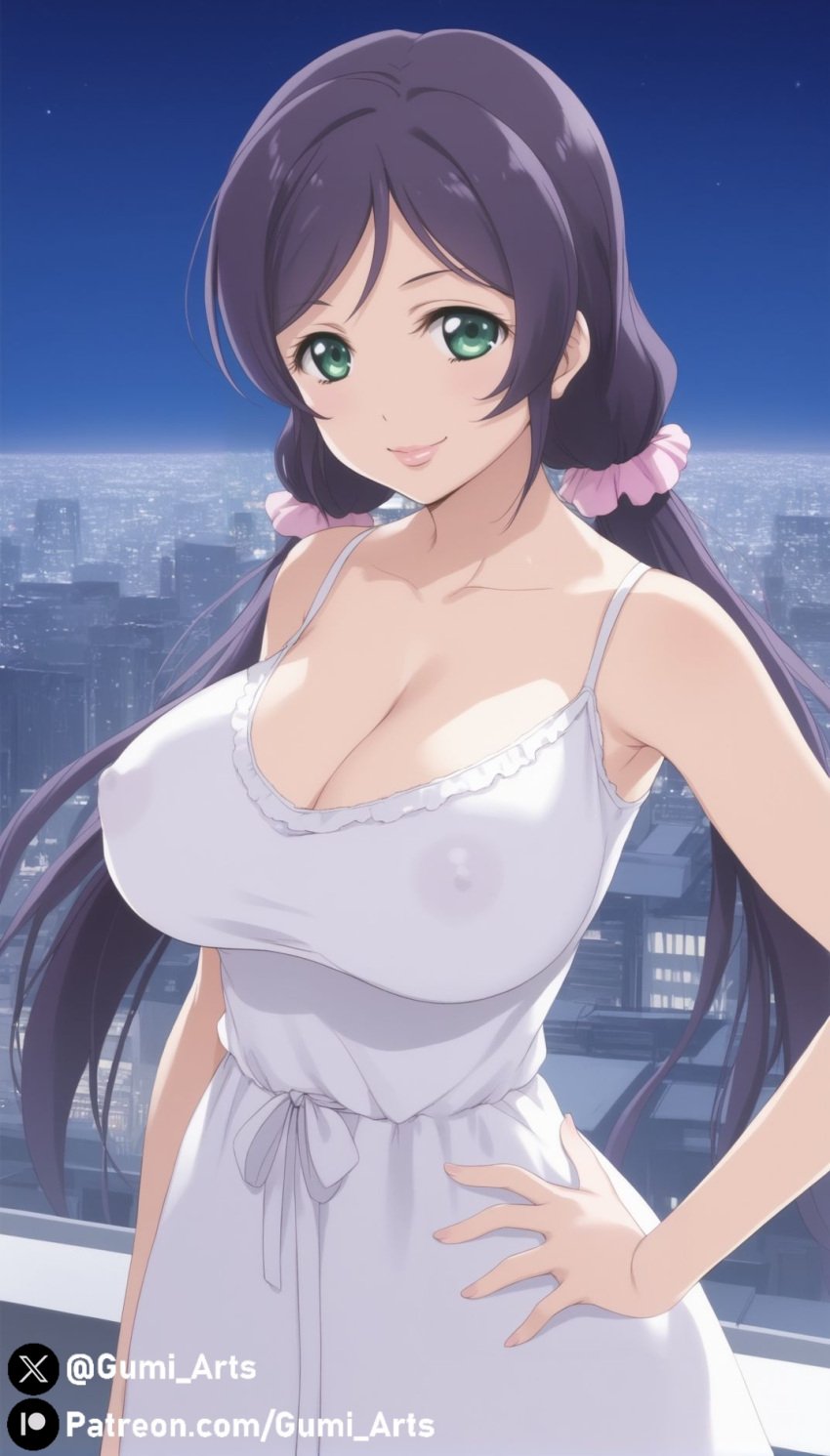 1girls ai_generated cityscape covered_nipples green_eyes gumi_arts large_breasts lips looking_at_viewer love_live! love_live!_school_idol_project night outdoors purple_hair smile stable_diffusion sundress toujou_nozomi upper_body