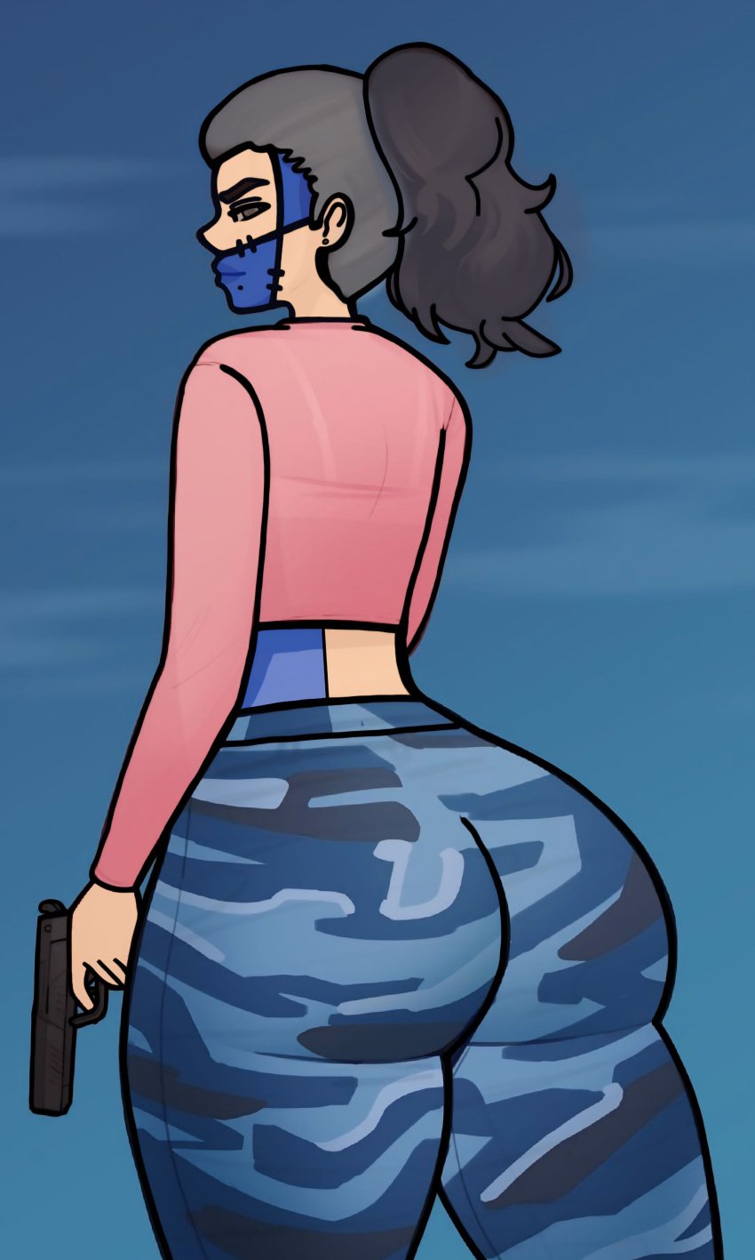 1girls ass ass_focus big_ass brown_hair clothing female female_only from_behind grand_theft_auto grand_theft_auto_vi gun hi_res jeans looking_at_viewer looking_back lucia_(gta) ponytail solo u028 weapon wide_hips