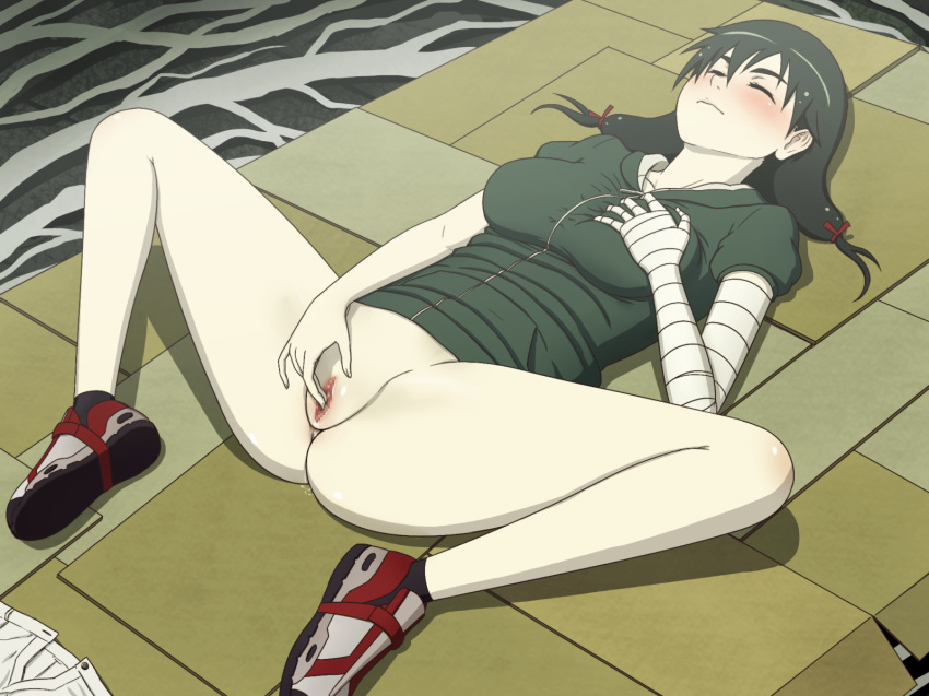 bandaged_arm black_hair blush breast_grab censored female kanbaru_suruga masturbation monogatari_(series) okipuu owarimonogatari pussy spread_legs