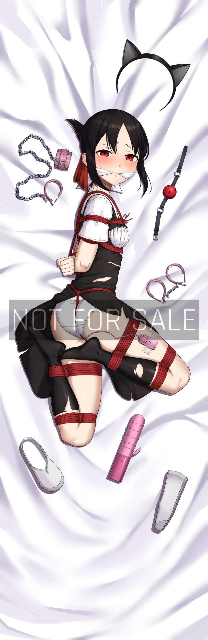 a2_(agenta2) absurdres animal_ear_hairband animal_ears ass black_hair blush bondage bondage bound breasts cat_ear_hairband cat_ears cloth_gag cuffs dildo fake_animal_ears female gag gagged hair_ornament hairband handcuffs highres improvised_gag incredibly_absurdres kaguya-sama_wa_kokurasetai_~tensai-tachi_no_renai_zunousen~ panties parted_bangs restrained rope sex_toy shinomiya_kaguya small_breasts solo underwear unworn_hair_ornament watermark white_panties