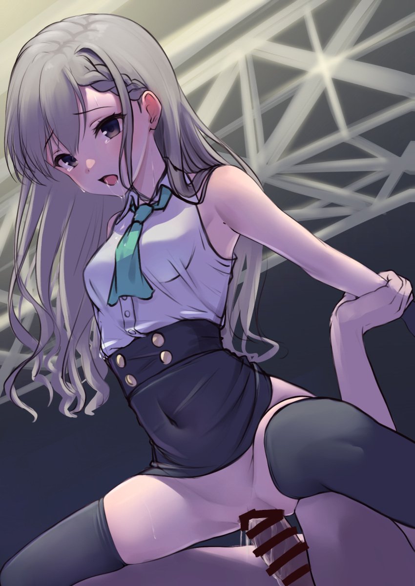 1boy arm_grab asymmetrical_bangs bar_censor black_eyes braid braided_bangs breasts censored cowgirl_position drooling female grey_hair highres hisakawa_hayate idolmaster idolmaster_cinderella_girls idolmaster_cinderella_girls_starlight_stage long_hair medium_breasts necktie no_panties open_mouth penis reverse_cowgirl_position sex sex_from_behind sleeveless solo_focus straddling viq