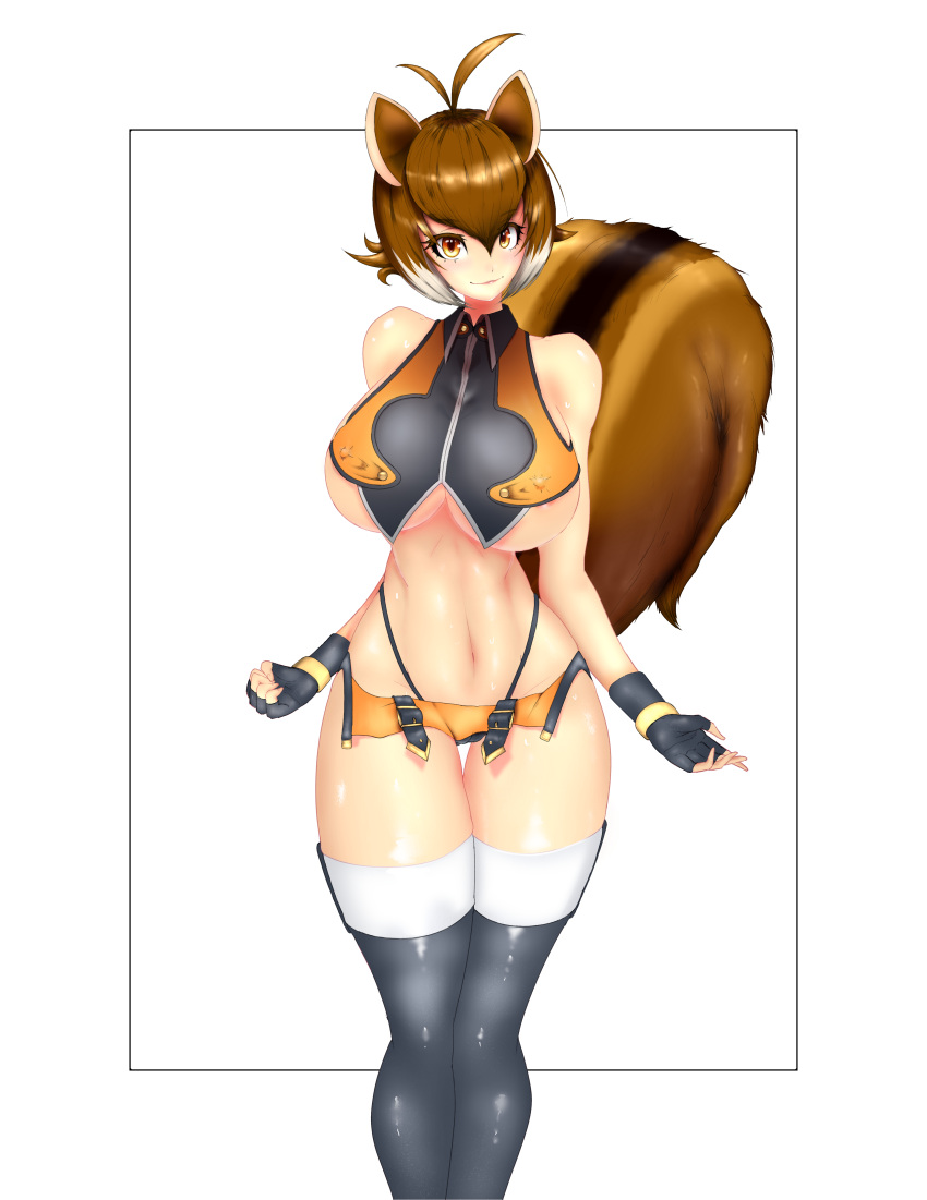 1girls ahoge amber_eyes animal_humanoid areola_slip athletic athletic_female bare_shoulders big_breasts blazblue breast_squish breasts brown_hair cameltoe clothing female female_only fingerless_gloves gloves handwear high_resolution hips huge_breasts human humanoid light-skinned_female makoto_nanaya nipple_bulge portrait revealing_clothes rodent rodent_humanoid short_hair smile squirrel_tail squish stomach sweat tail thighhighs thighs toned toned_female tree_squirrel_humanoid underboob wide_hips