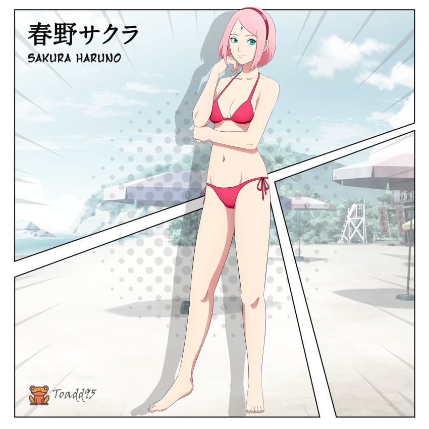 1girls accurate_art_style artist_name barefoot beach bikini bikini_bottom bikini_top boruto:_naruto_next_generations character_name cleavage commentary feet female female_only full_body green_eyes japanese_text kanji long_hair mature mature_female midriff milf naruto naruto_(series) outdoors petite pink_hair red_bikini sakura_haruno seaside side-tie_bikini side-tie_bikini_bottom solo solo_focus swimsuit text toadd95