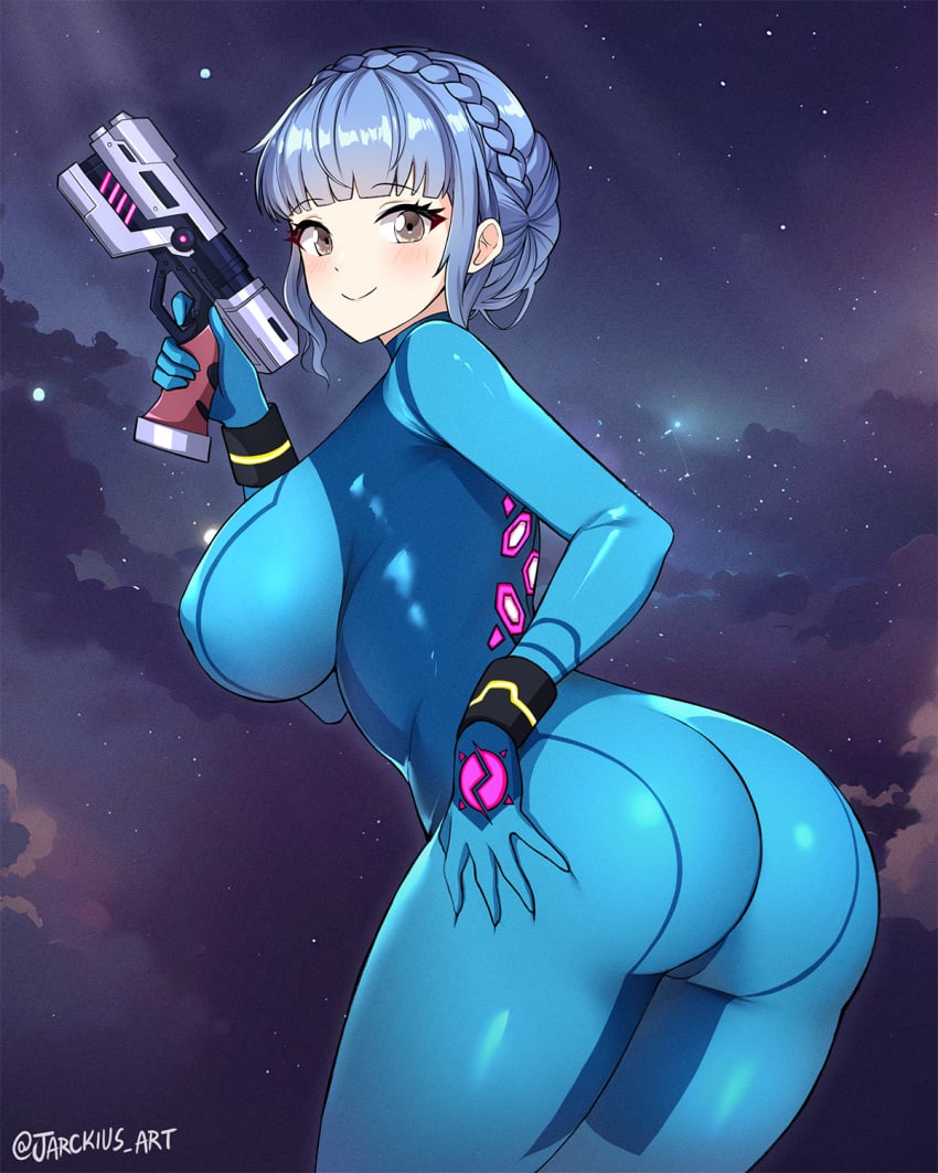 1girls alternate_costume ass bending_over big_breasts blue_hair blunt_bangs blush bodysuit breasts brown_eyes closed_mouth commission cosplay covered_nipples cowboy_shot deep_skin female female_only fire_emblem fire_emblem:_three_houses from_behind fully_clothed gun hand_on_own_ass highres holding holding_gun holding_weapon human impossible_clothes jarckius large_breasts leaning_forward light-skinned_female looking_back marianne_von_edmund metroid nintendo pale-skinned_female plump_ass samus_aran samus_aran_(cosplay) shiny_clothes skin_tight sky slim_waist smile solo star_(sky) starry_sky thick_thighs tight_clothing weapon wide_hips zero_suit zero_suit_samus