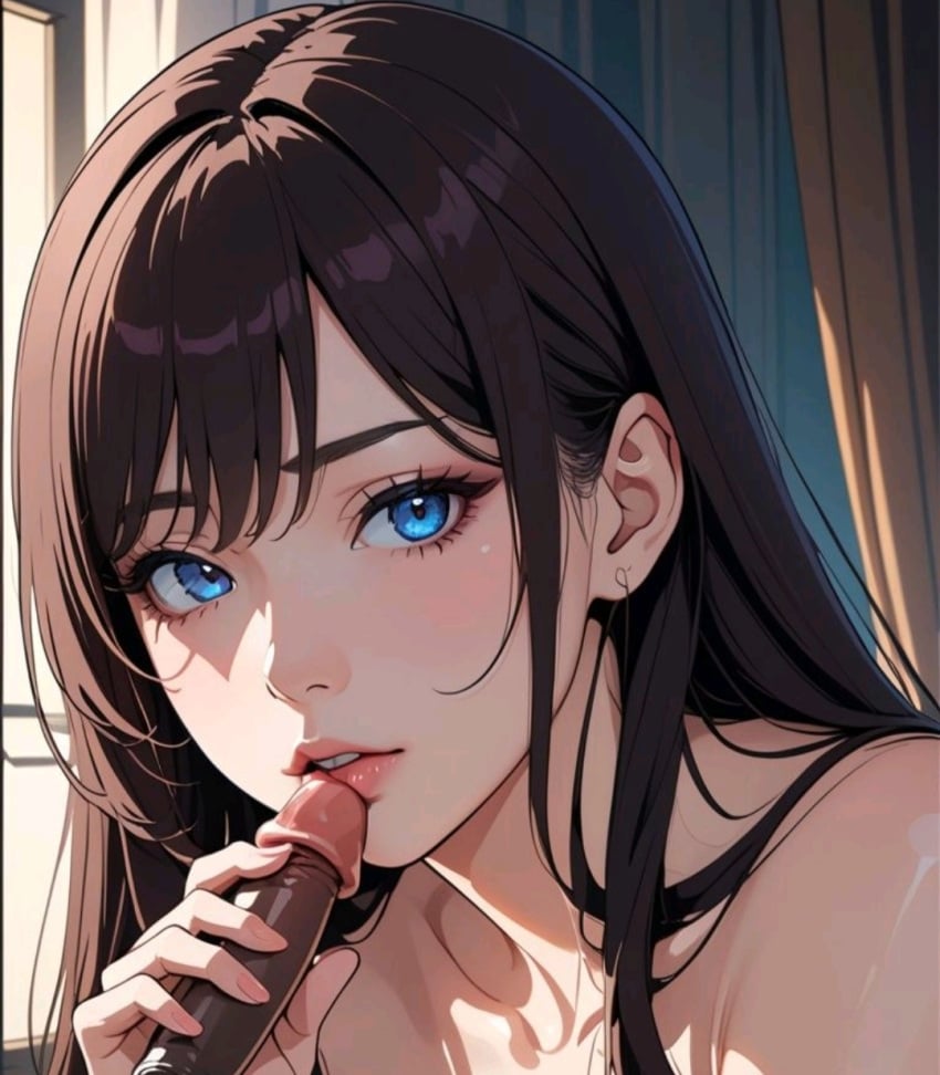 ai_generated black_penis blue_eyes cheating cheating_(relationship) cheating_girlfriend cheating_wife cock cuck cuckold cuckolding dark-skinned_male dark_penis dark_skin dick eye_contact kissing_penis myaim netorare ntr original_character penis pov sucking sucking_penis sucking_tip tagme tip