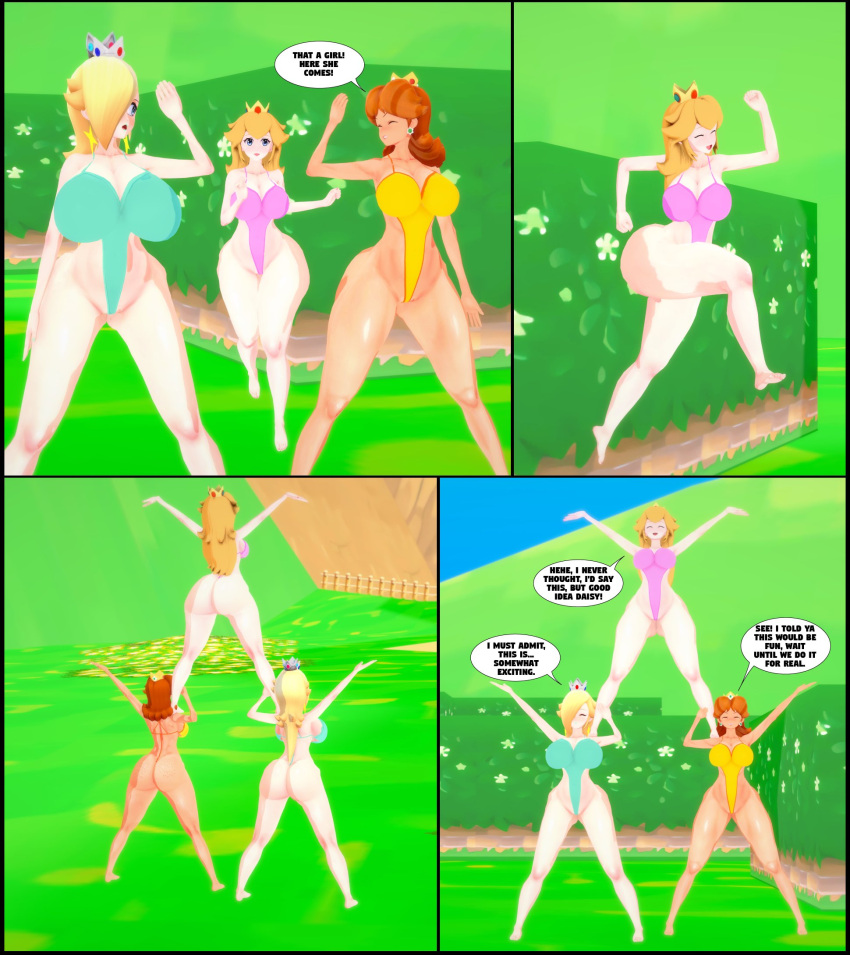 3d 3girls amanwithnoplan comic female human_pyramid mario_(series) multiple_girls pop_goes princess_daisy princess_peach princess_rosalina super_mario_bros. swimsuit