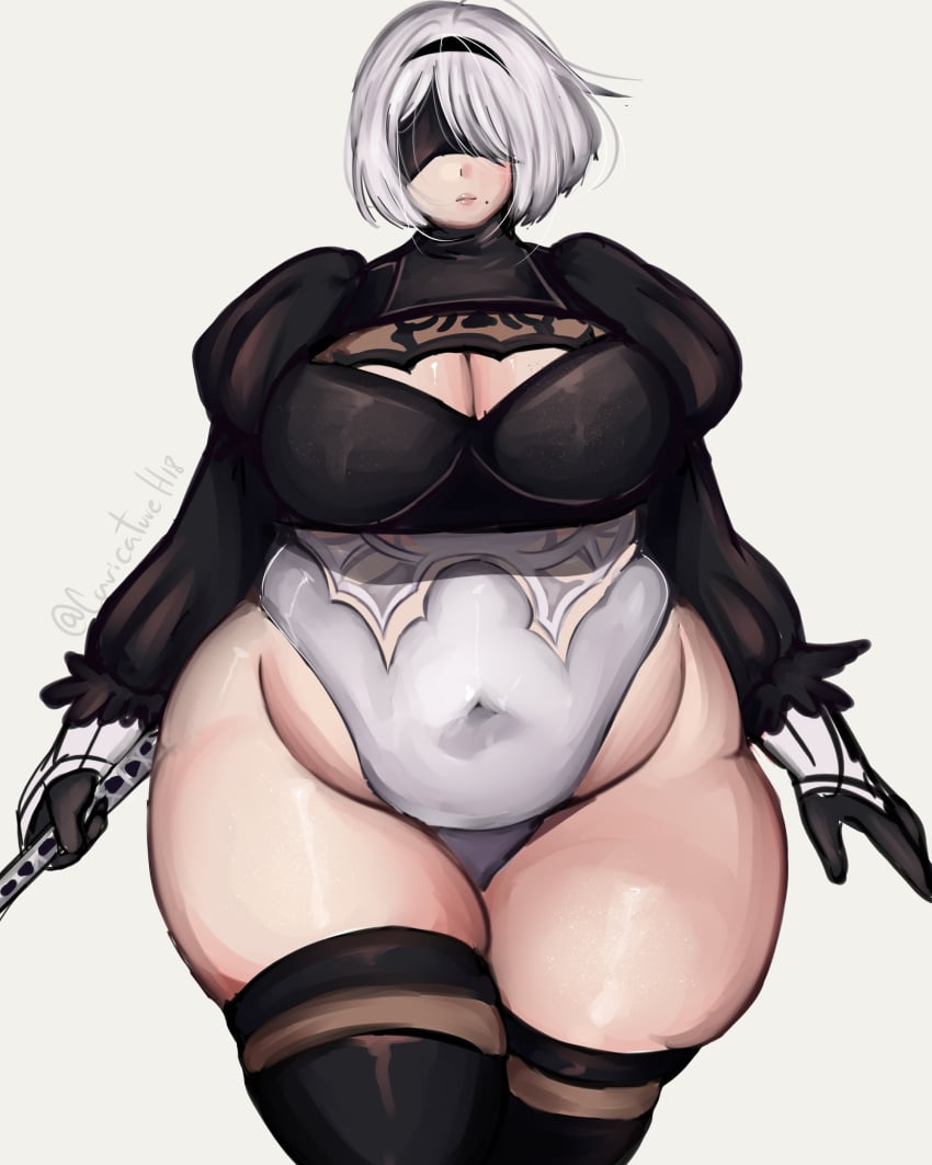 1girls bbw belly big_belly big_breasts blindfold breasts caricatureh18 chubby clothing fat fat_thighs female female_focus female_only hairband huge_belly light-skinned_female light_skin missicake nier nier:_automata overweight short_hair solo thick_thighs thighhighs white_background white_hair yorha_2b