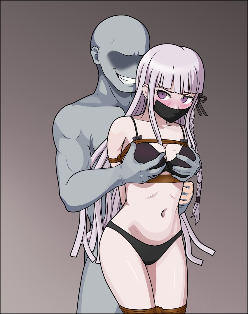 1boy 1girls absurdres arms_behind_back black_bra black_panties black_ribbon blush bondage bound bra braid breasts clothing cowboy_shot danganronpa danganronpa:_trigger_happy_havoc english_commentary faceless faceless_male female from_behind gag grabbing grabbing_another's_breast grabbing_from_behind grey_hair grin hair_ribbon highres human just_some_guy kirigiri_kyouko large_breasts legs_together long_hair male matching_underwear navel panties purple_eyes rape restrained ribbon rope side_braid smile standing teeth underwear underwear_only wide_hips