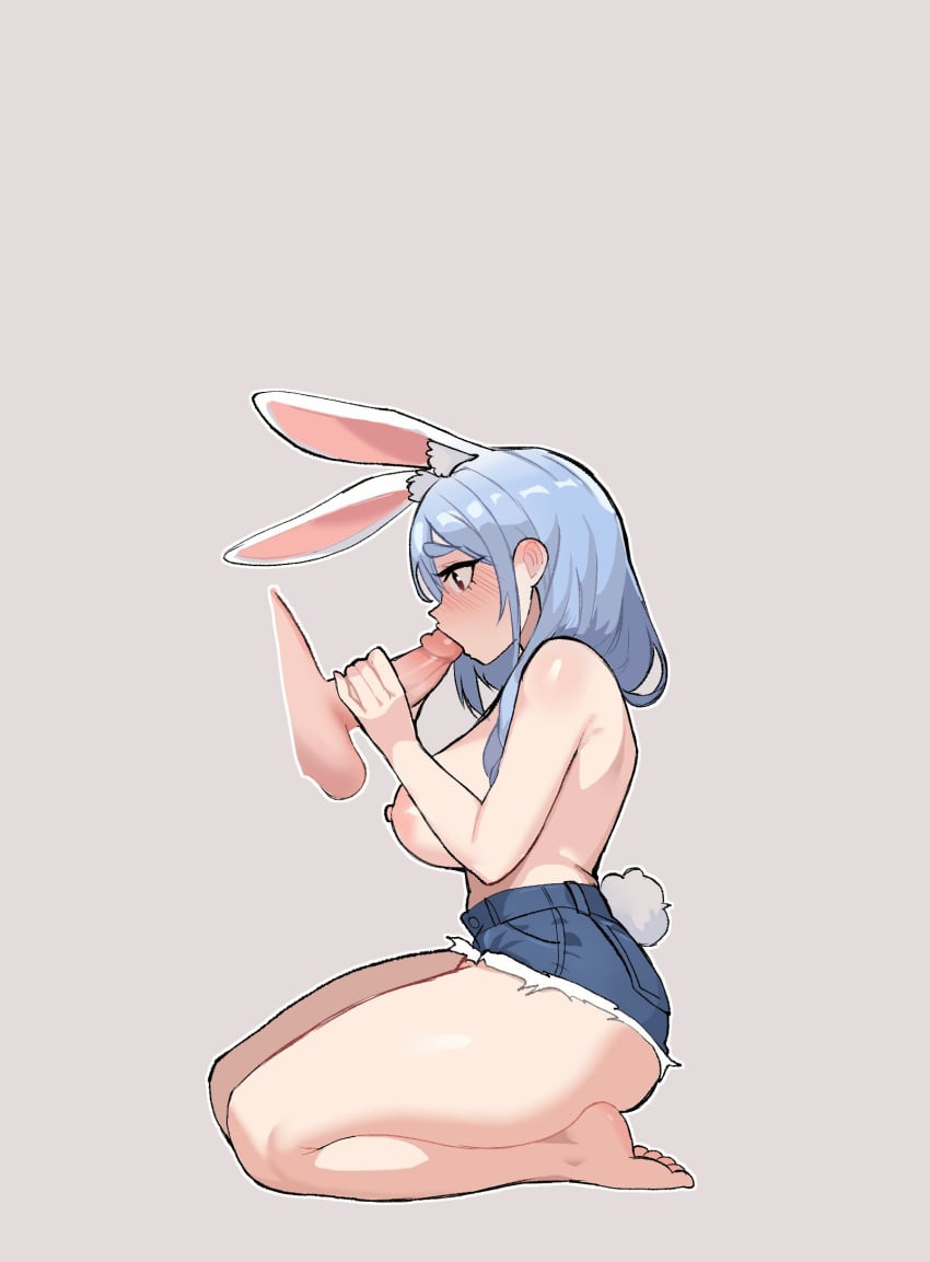 1boy 1girls animal_ears big_ass big_breasts big_butt blue_hair booty_shorts bubble_ass bubble_butt bunny_ears bunny_girl daisy_dukes denim_shorts fellatio female female_focus female_only full_body hololive hololive_fantasy hololive_japan holomilfs hotpants jean_shorts jorts kneeling large_breasts light-skinned_female light-skinned_male light_blue_hair light_skin maidcousin male/female pekomama penis short_shorts shorts sucking_penis topless virtual_youtuber white_fur