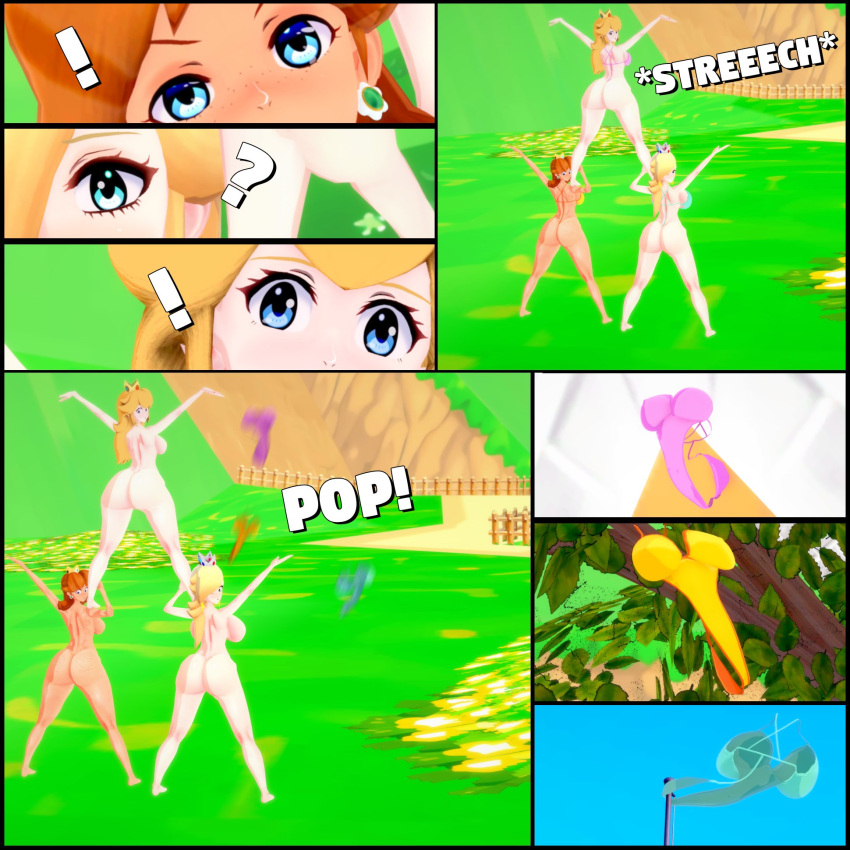 3d 3girls amanwithnoplan comic embarrassed_nude_female female human_pyramid mario_(series) multiple_girls nude pop_goes princess_daisy princess_peach princess_rosalina super_mario_bros. wardrobe_malfunction