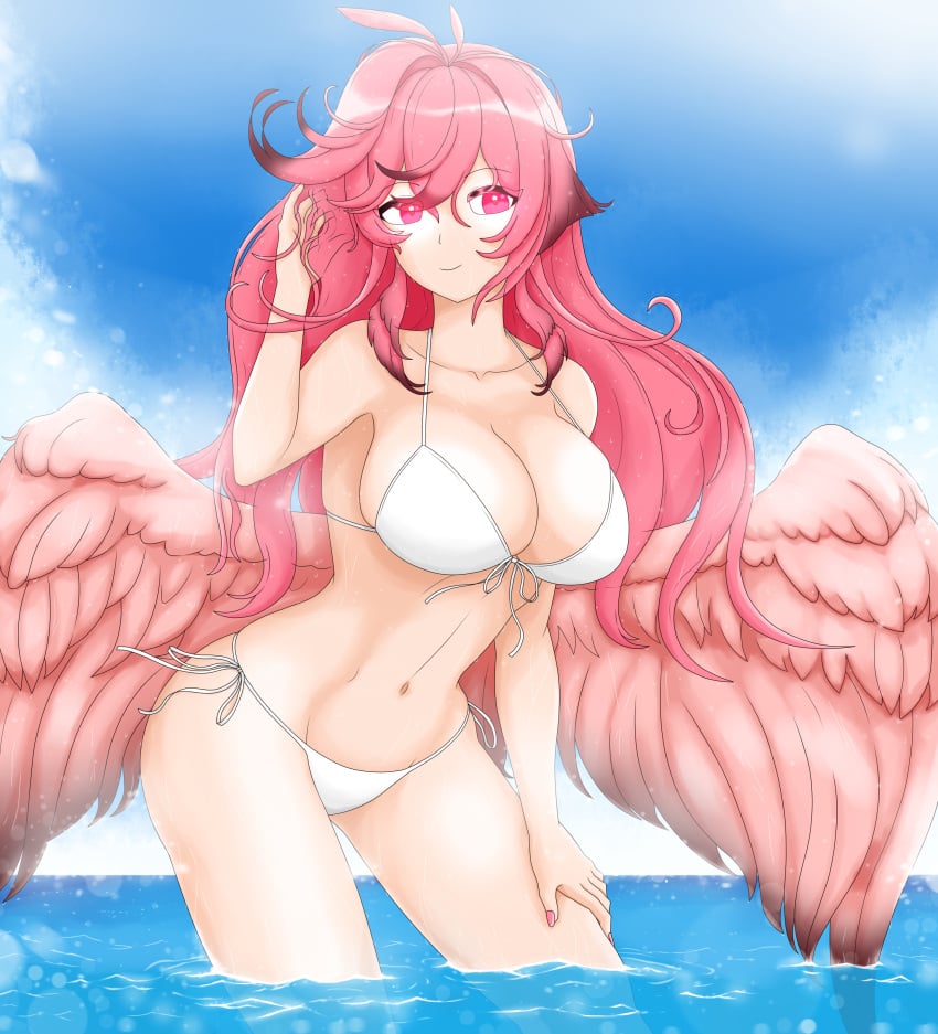 1girls ale_131 big_breasts big_wings bikini cleavage day eyra_flamenko female female_focus female_only flamenco_girl front_view highres hourglass_figure huge_breasts in_water latam_virtual_youtuber light-skinned_female light_skin long_hair looking_at_viewer ocean pink_eyes pink_hair pink_nails saino sky smiling smiling_at_viewer solo solo_focus standing standing_in_water summer thong thong_bikini virtual_youtuber vtuber vtuberfanart water white_bikini wings