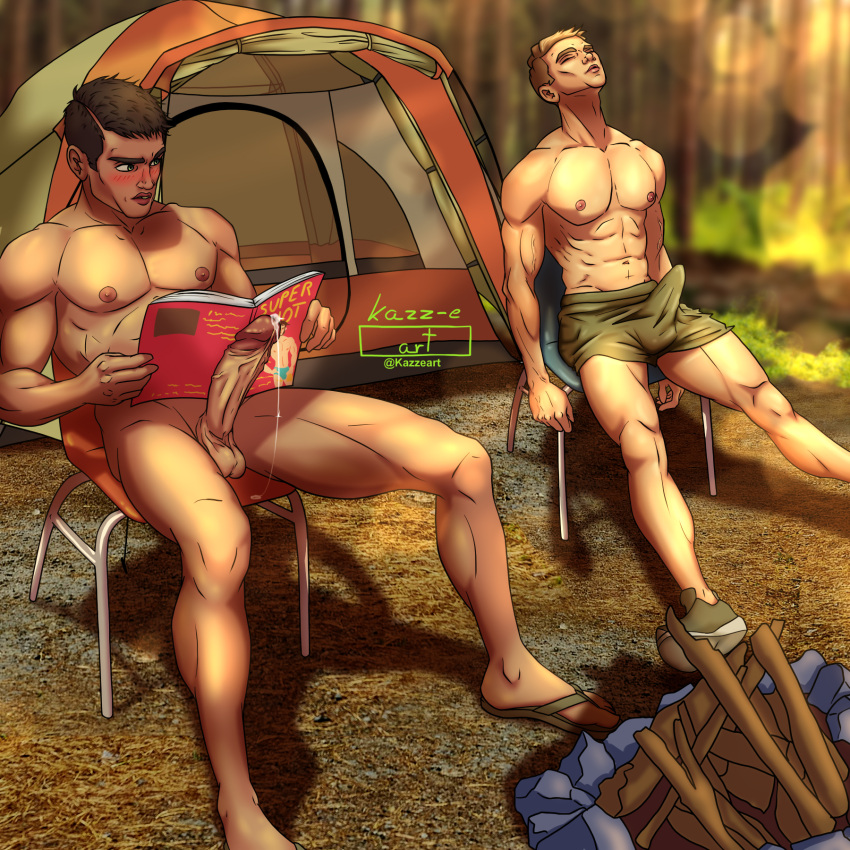 2males blush blush campfire camping erect_penis erection erection_under_clothes friends gay gay_male kazz-e_art leaking leaking_cum leaking_penis leaking_precum magazine male male_only men shorts sleeping sticky_cum watching